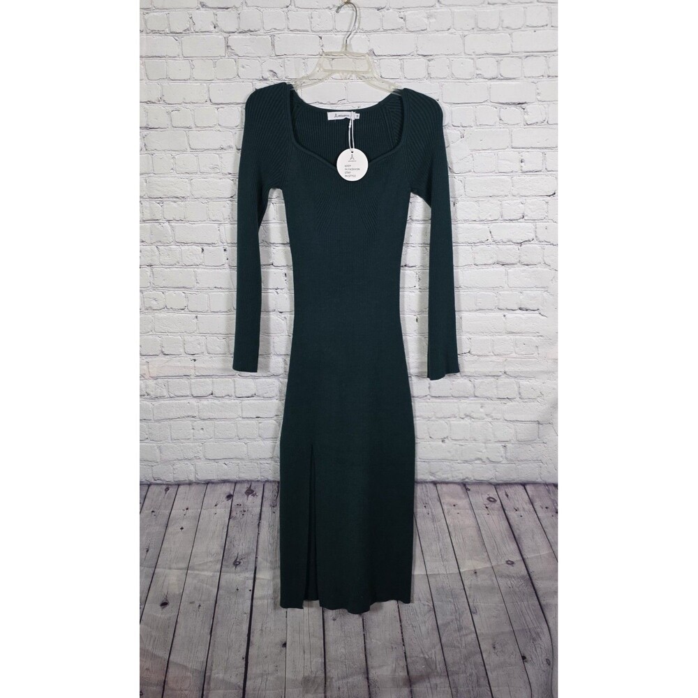 ANRABESS Bell Long Sleeve Sweetheart Neck Slim Fit Ribbed Knit Dress Sz S Green